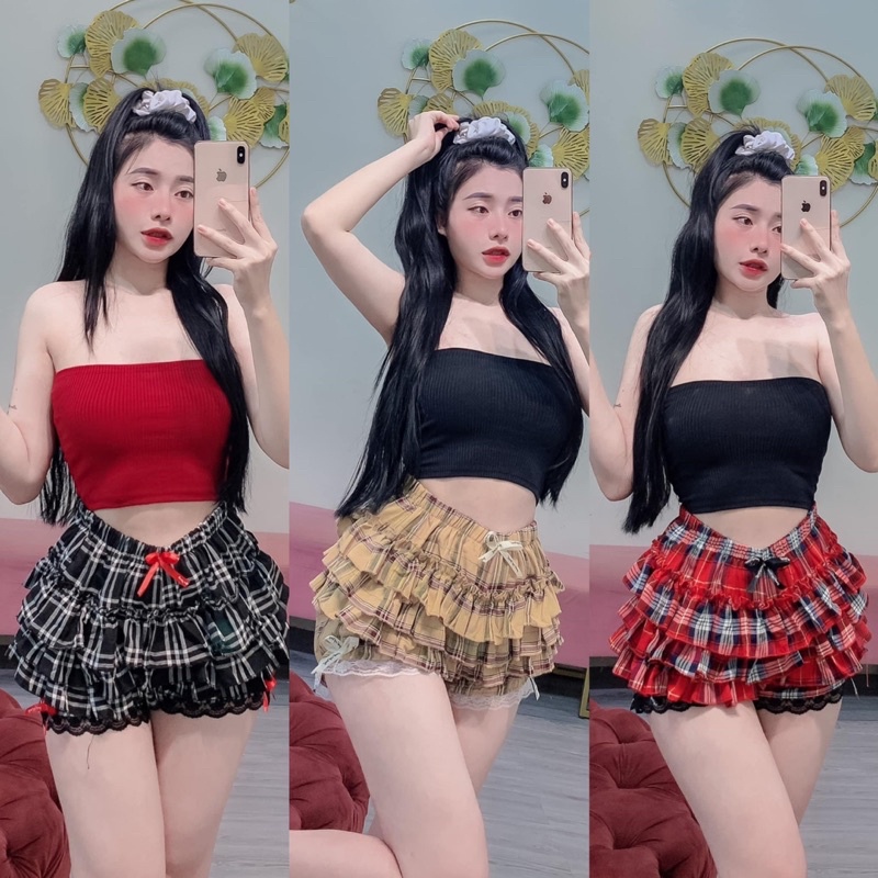 Rẻ vô địch Set Bộ Quần tầng caro đính nơ Kèm Áo Ống Trơn alohashop91