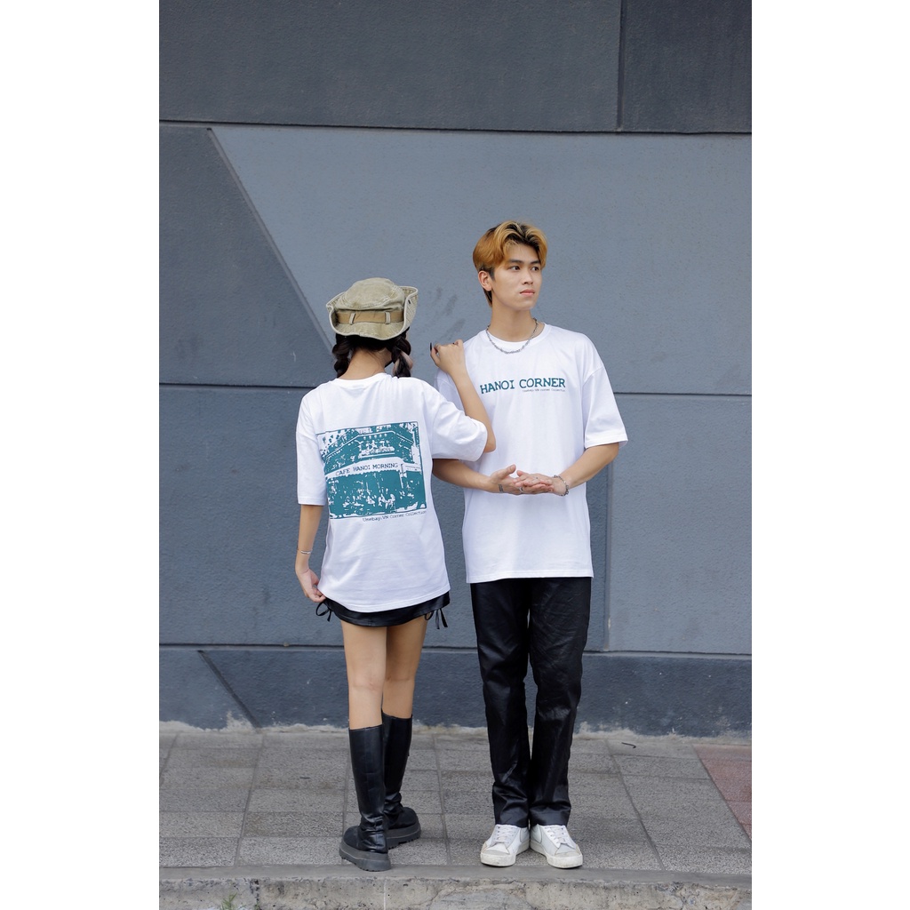 Áo thun tay lỡ nam nữ unisex Hanoi Corner, phông form rộng oversize 100% Cotton đen trắng Umebay