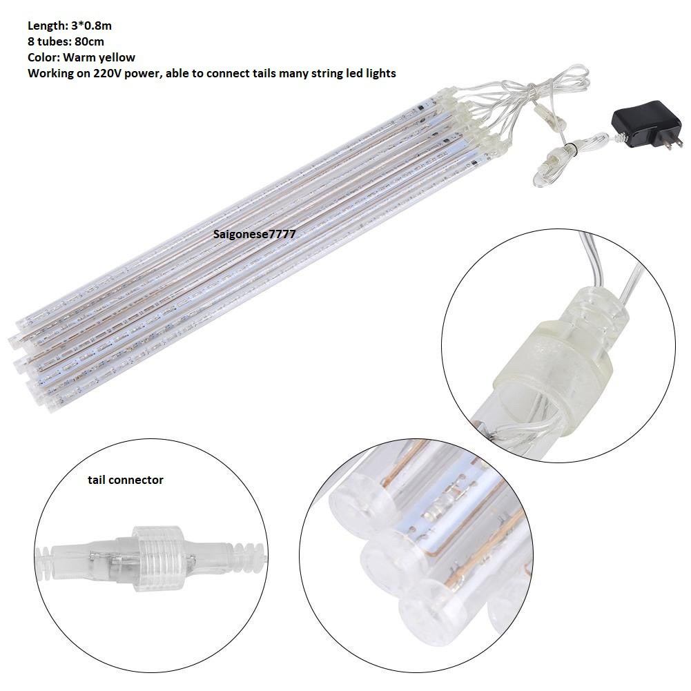 (Chọn Màu) Dài 3 Mét 8 Ống Đèn Led Sao Băng 50 CM-Rèm Đèn Led Chống Nước Trang Trí Tiệc Ngoài Trời Sân Vườn Noel