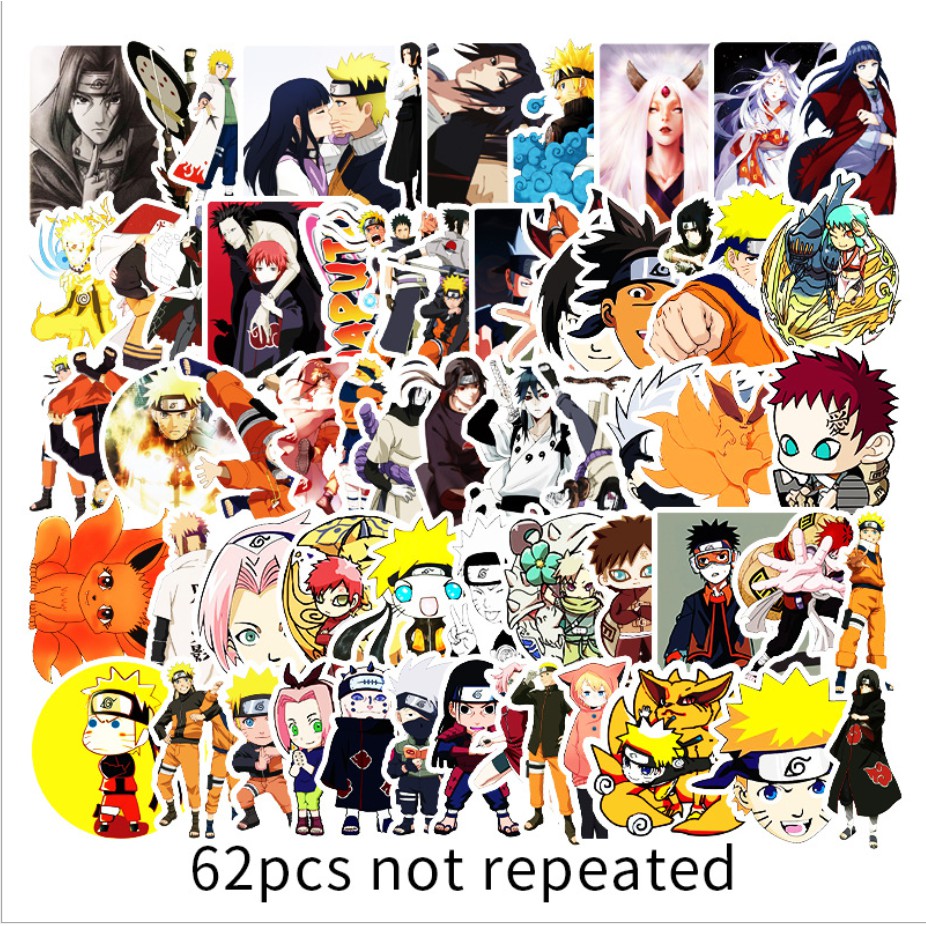 Sticker Anime Naruto dán trang trí laptop, mũ nón bảo hiểm, vali, xe tay ga, ván trượt [Set 62 Cái]