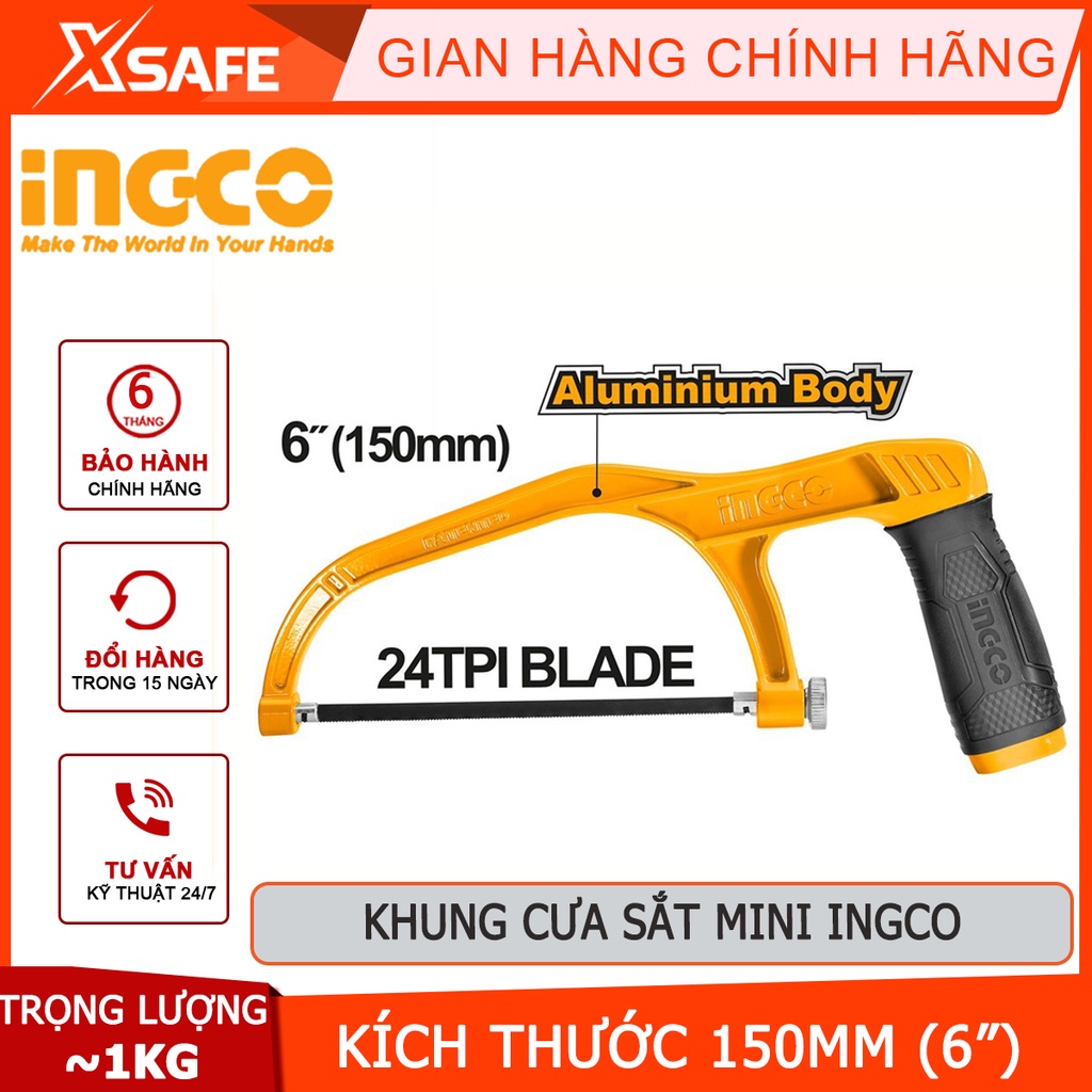 Khung cưa sắt mini INGCO MHHF1503 Cưa sắt cầm tay kích thước 150mm(6&quot;), thân nhôm, tay cầm êm gọn, với 1 chiếc lưỡi cưa