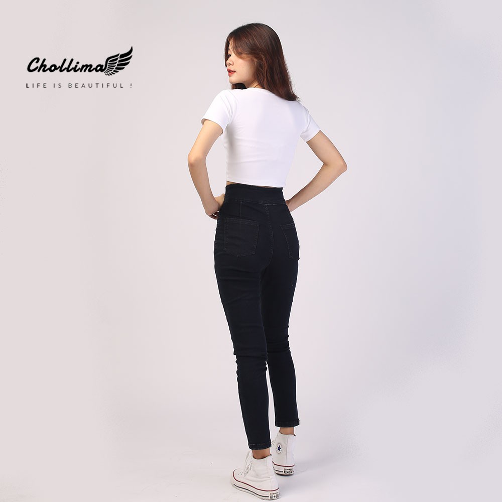 Quần dài jeans nữ co giãn Chollima cạp siêu cao 2 khoen màu đen QD002  – quần bò nữ cạp siêu cao