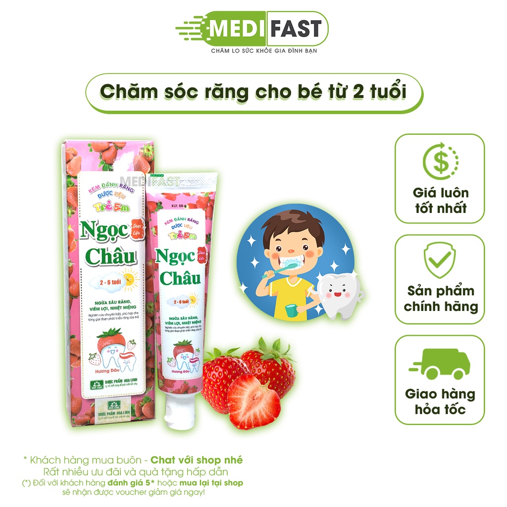 Kem đánh răng thảo mộc Ngọc Châu hương dâu cho trẻ từ 2 - 6 tuổi giảm loét nhiệt miệng đau hàm, sâu răng sữa