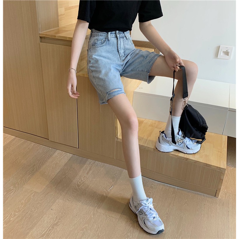 Xiaozhainv Quần Đùi Denim Ống Rộng Rách Tua Rua Cá Tính | BigBuy360 - bigbuy360.vn