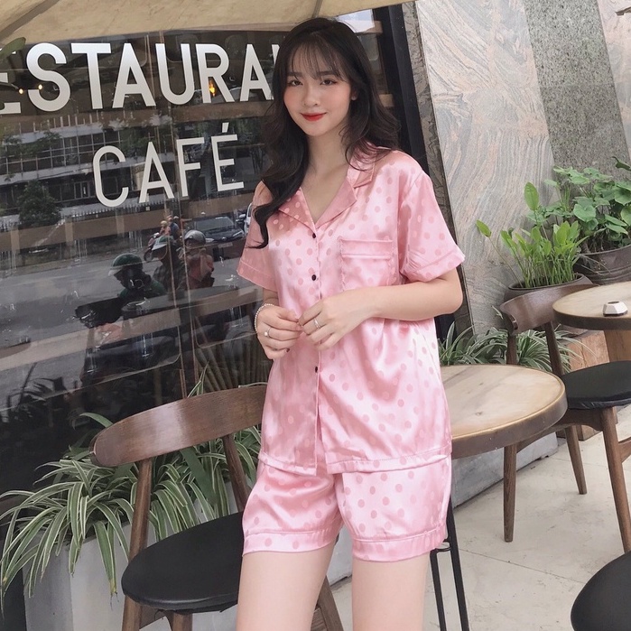 Bộ Đồ Ngủ Lụa Cộc Tay HATIBO chất lụa gấm in chữ chìm mềm mát
