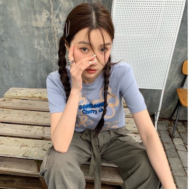 QKOOLE  Áo crop top Nữ Tay Ngắn In Hình Thời Trang Hàn Quốc