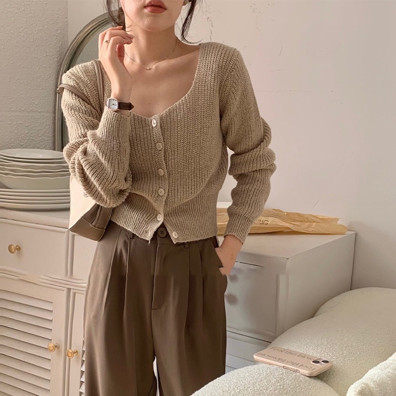 Áo Croptop Dệt Kim Tay Dài Cổ Vuông Màu Sắc Ngọt Ngào Thời Trang Mùa Thu Cho Nữ