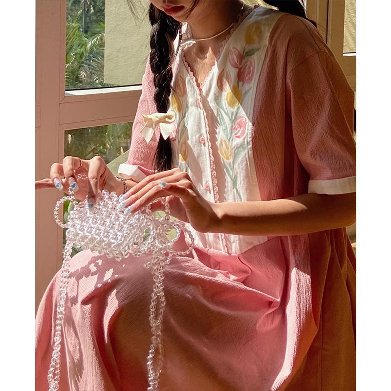 Đầm suông tay ngắn in hình hoa Tulip thời trang Hàn Quốc cho nữ