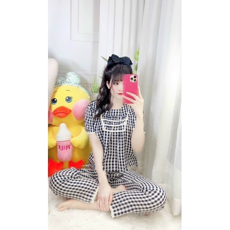Bộ ngủ mặc nhà mẫu kẻ nhiều màu viền ren siêu mát áo cộc quần mùa hè