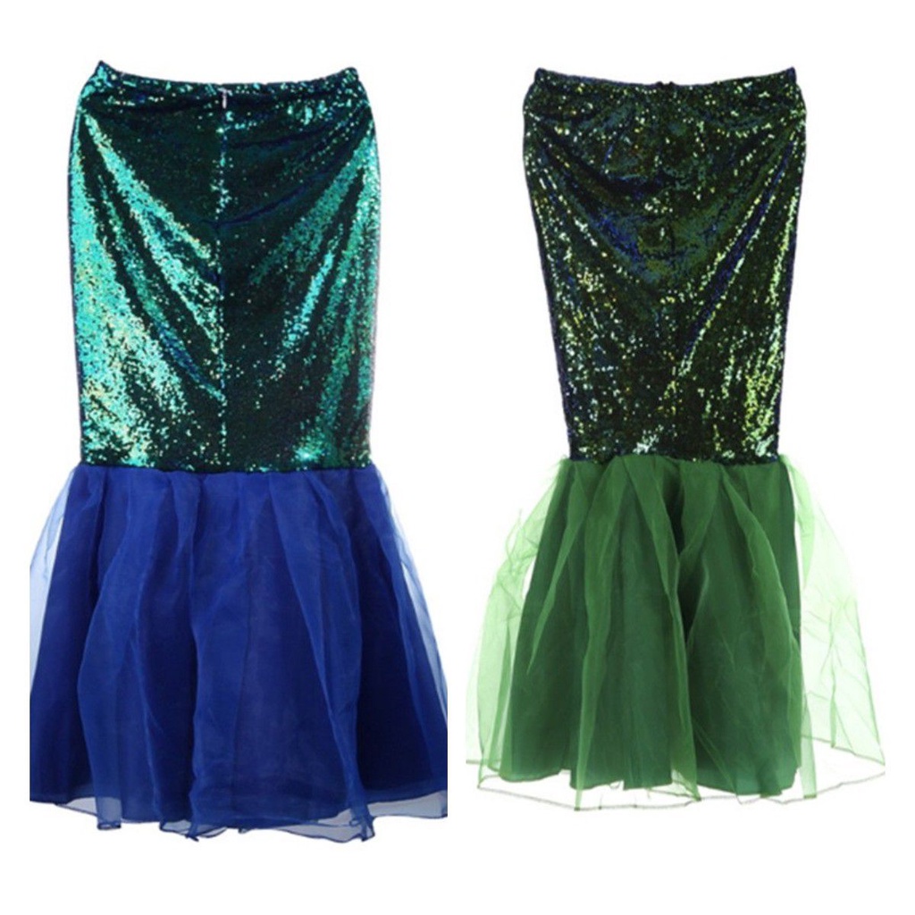Womens Adult Sequins Mermaid Long Tail Skirt Party Maxi Fancy Dress with Asymmetric Mesh Panel Halloween Cosplay Costume Hot
