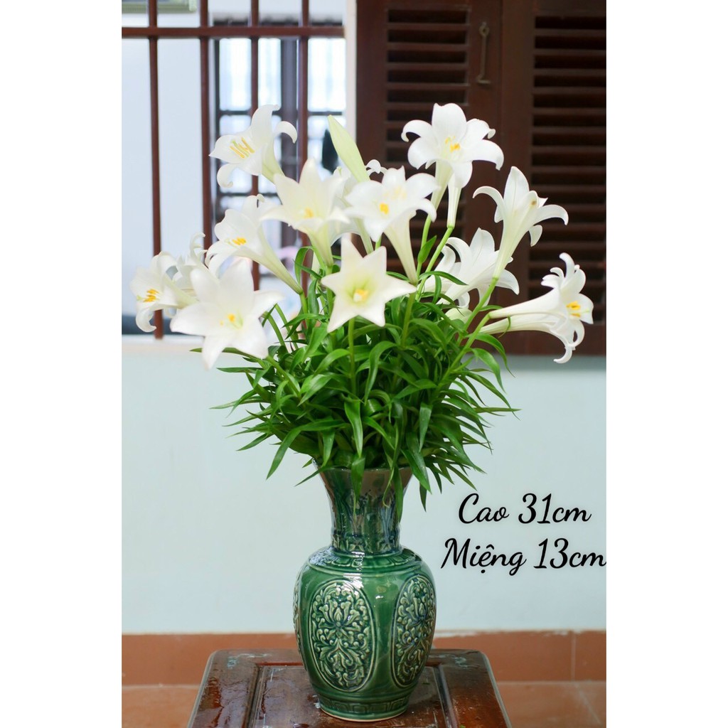 Bình Hoa Lọ Hoa Khắc Nổi Hoa Sen Men Ngọc - Gốm Sứ Bát Tràng - Bình Hoa Đẹp - Decor Trang Trí