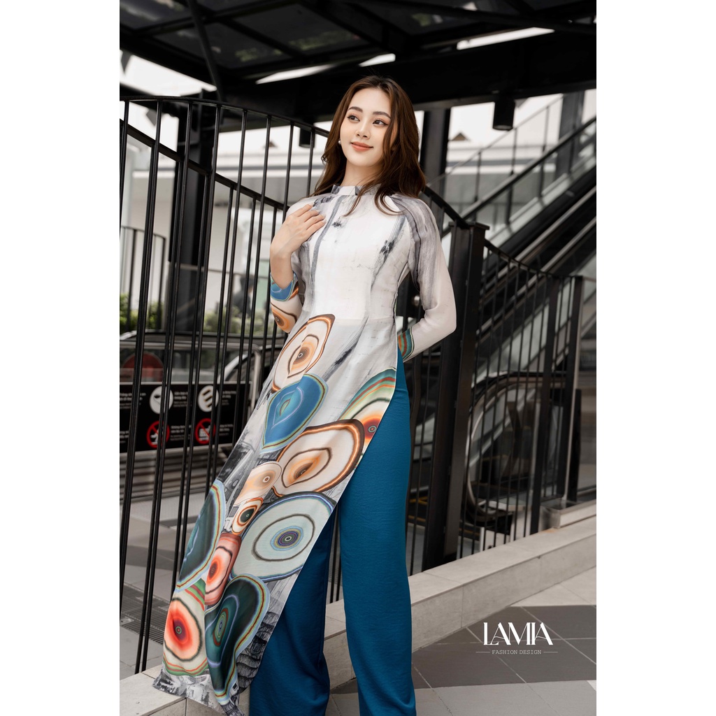 Áo dài tơ óng phối lụa Lamia Design AD050 in họa tiết hình khối