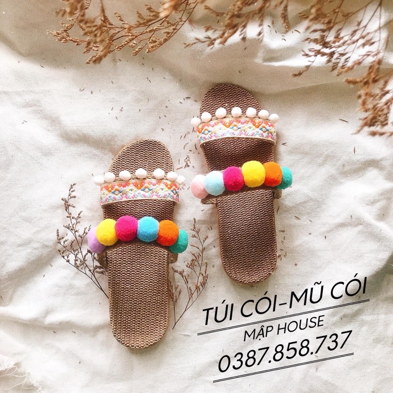 (Hình thật) Dép cói đi biển 2 quai ngang đính cục bông thổ cẩm phong cách Vintage