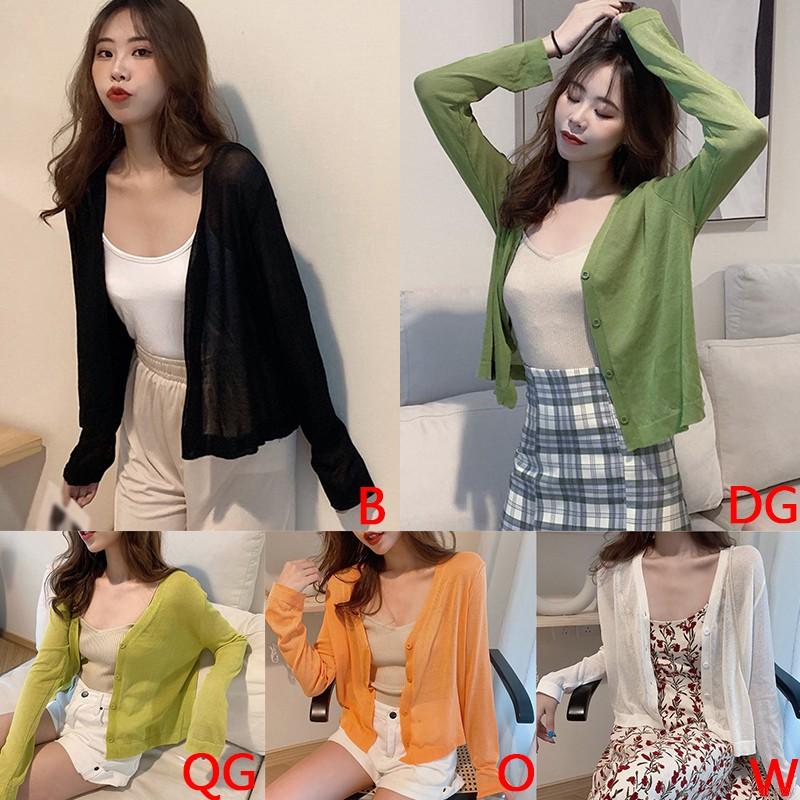 Áo Khoác Cardigan Dệt Kim Tay Dài Cổ Chữ V Màu Trơn Phong Cách Hàn Quốc Cho Nữ