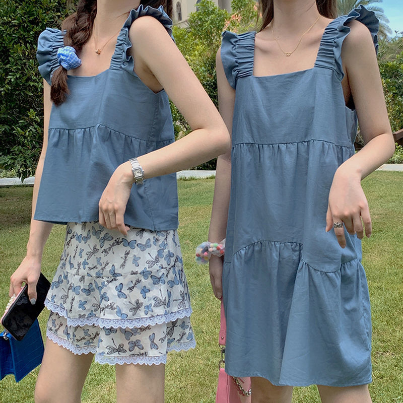 Đầm hai dây màu sắc trơn phong cách Hàn Quốc