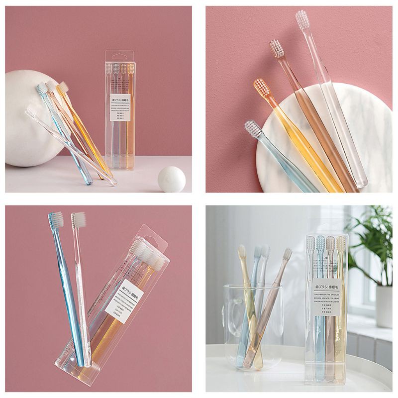 Set 4 Bàn Chải Đánh Răng Tay Cầm Nhựa Trong Suốt Phong Cách Bắc Âu Màu Sắc Ngẫu Nhiên