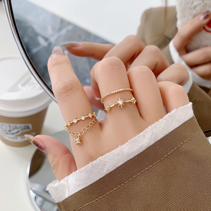 Nhẫn Hở Hai Lớp Đính Đá Zircon Hình Ngôi Sao Phối Dây Xích Thời Trang Cho Nữ