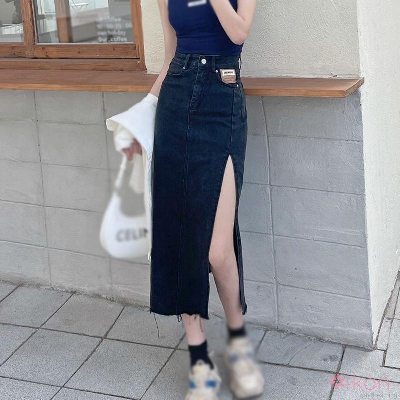 Chân váy jean Lưng Cao Xẻ Tà Phong Cách Vintage