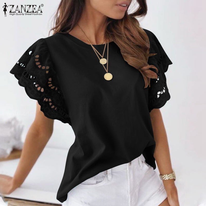 Áo kiểu Zanzea tay ngắn cổ tròn phối ren thời trang cho nữ