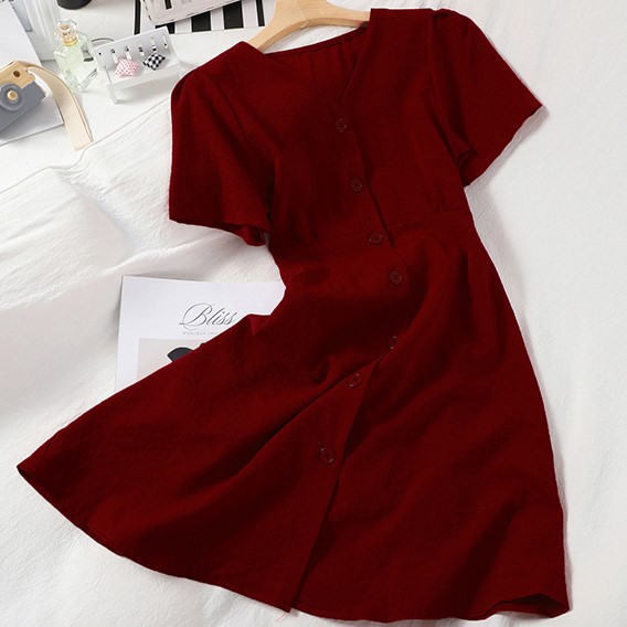 Váy Nữ Cộc Tay Cổ V Thắt Nơ Eo Chất Cotton Trơn Nhiều Màu Hàng Quảng Châu Loại 1 D03