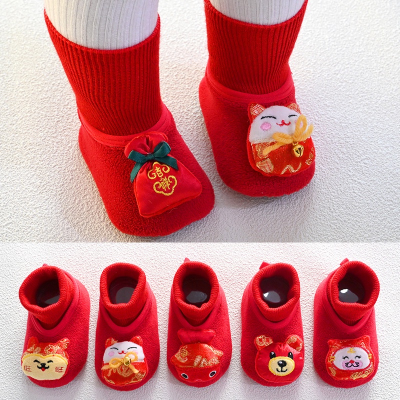 Giày Giữ Ấm Chân Mùa Đông Chống Trượt Bằng Vải Cotton Màu Đỏ Dành Cho Bé Trai Gái 0-3 Tuổi