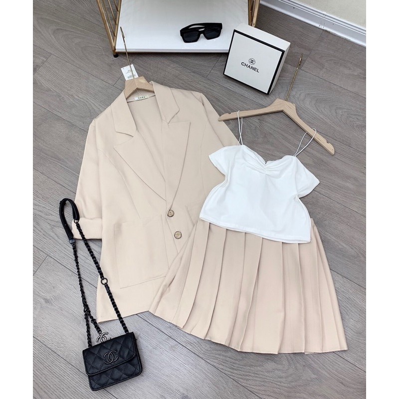 SET VEST CHÂN VÁY XẾP LY 3 MÓN