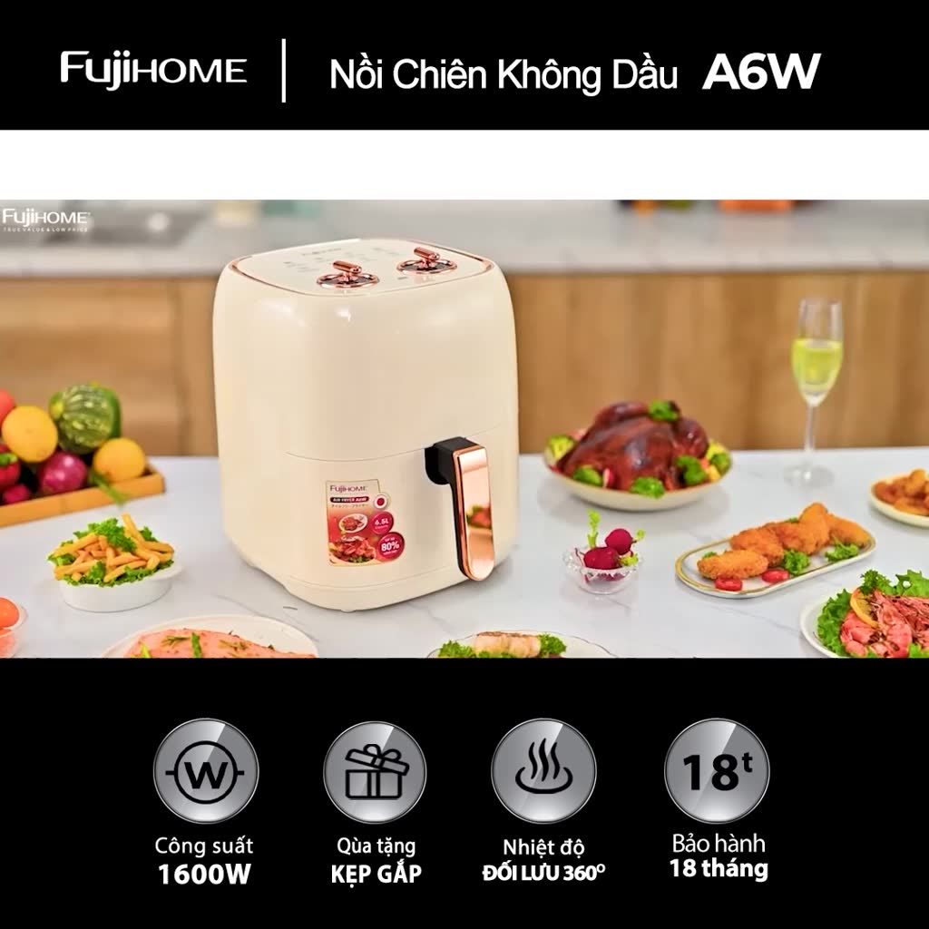 Nồi chiên không dầu 6.5L Fujihome nhập khẩu 1600W, nồi chiên cơ 6.5 Lít, chống dính cao cấp,tự ngắt an toàn tặng kèm kẹp | BigBuy360 - bigbuy360.vn