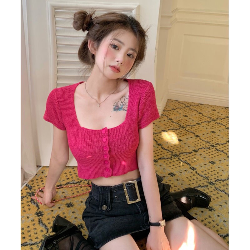 Áo dệt kim COZOKC ngắn tay cổ vuông phong cách cổ điển