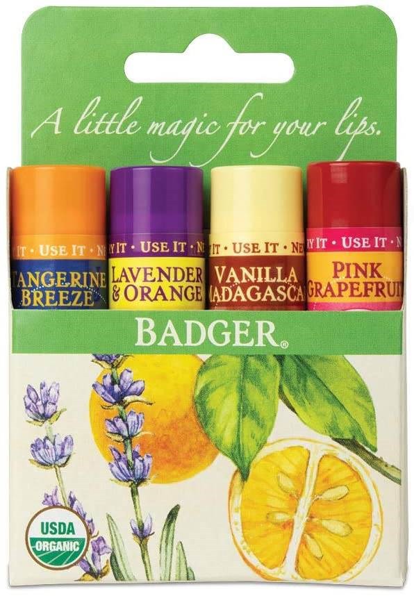BỘ 4 THỎI SON DƯỠNG MÔI HỮU CƠ ORGANIC Badger Lip Balm (Tangerine, Lavender Orange, Vanilla, Pink Grapefruit)