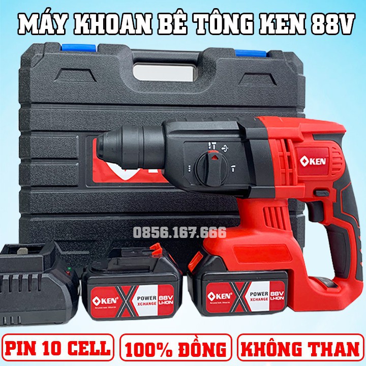 Máy Khoan Đục Bê Tông Ken 88V - Không Chổi Than - Pin Chuẩn 10 Cell