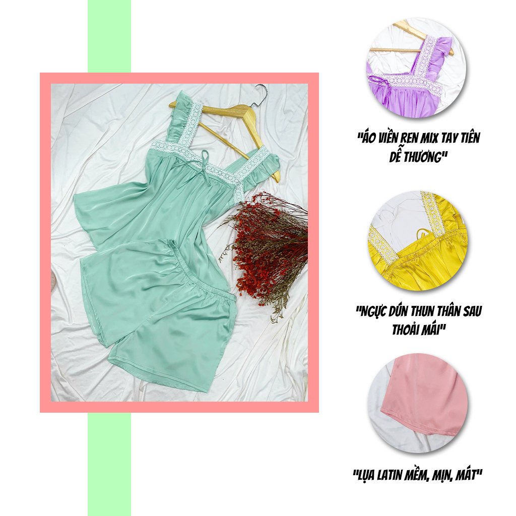 Đồ bộ mặc nhà SBORG đồ ngủ 2 dây lụa latin cổ vuông phối tay tiên dễ thương đáng yêu freesize dưới 55kg quà tặng Vợ