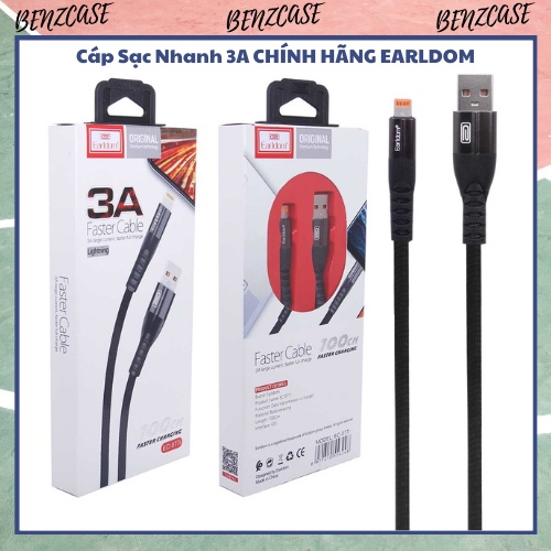 Dây Sạc iPhone, Micro, Type C Bọc Dù chính hãng Earldom 1M EC-077, sạc nhanh 3A, truyền dữ liệu - MÀU ĐEN