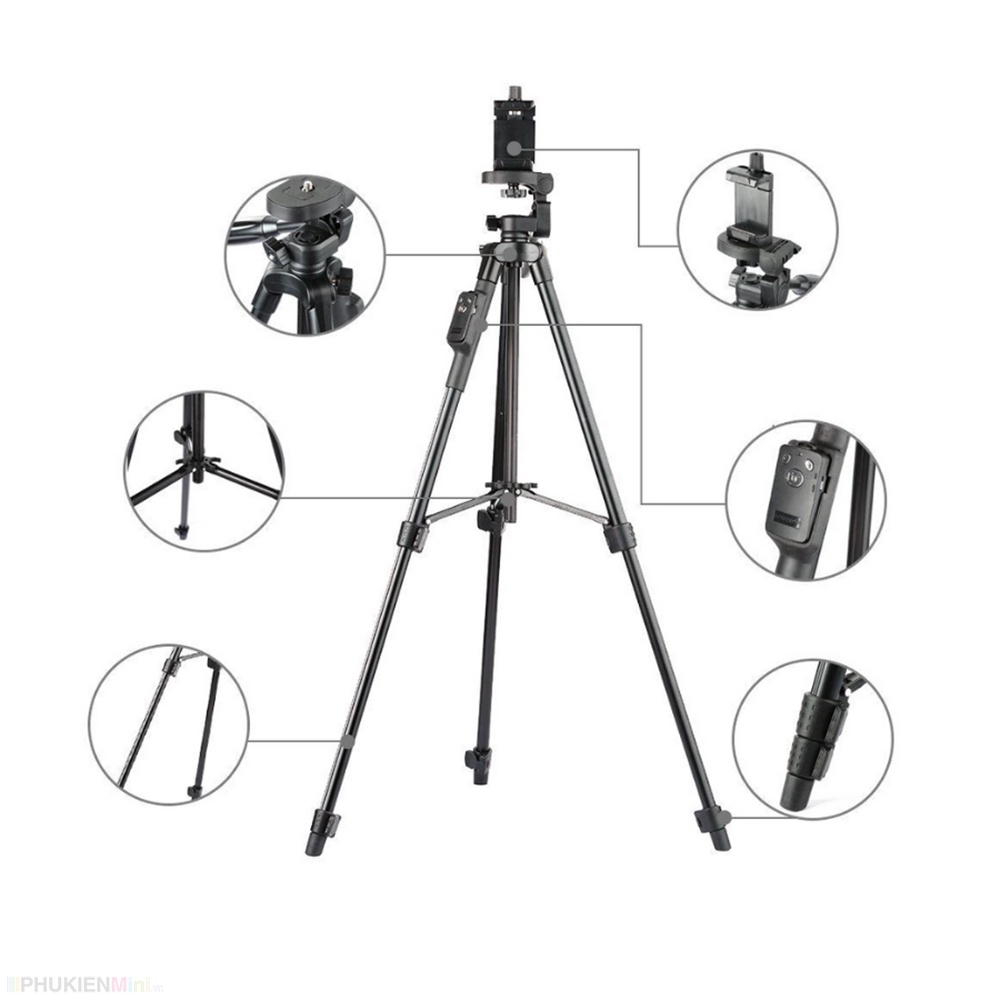 Trọn bộ tripod giá đỡ 3 chân gấp gọn du lịch, chân hợp kim siêu nhẹ kèm kẹp điện thoại vặn đinh ốc và remote bluetooth