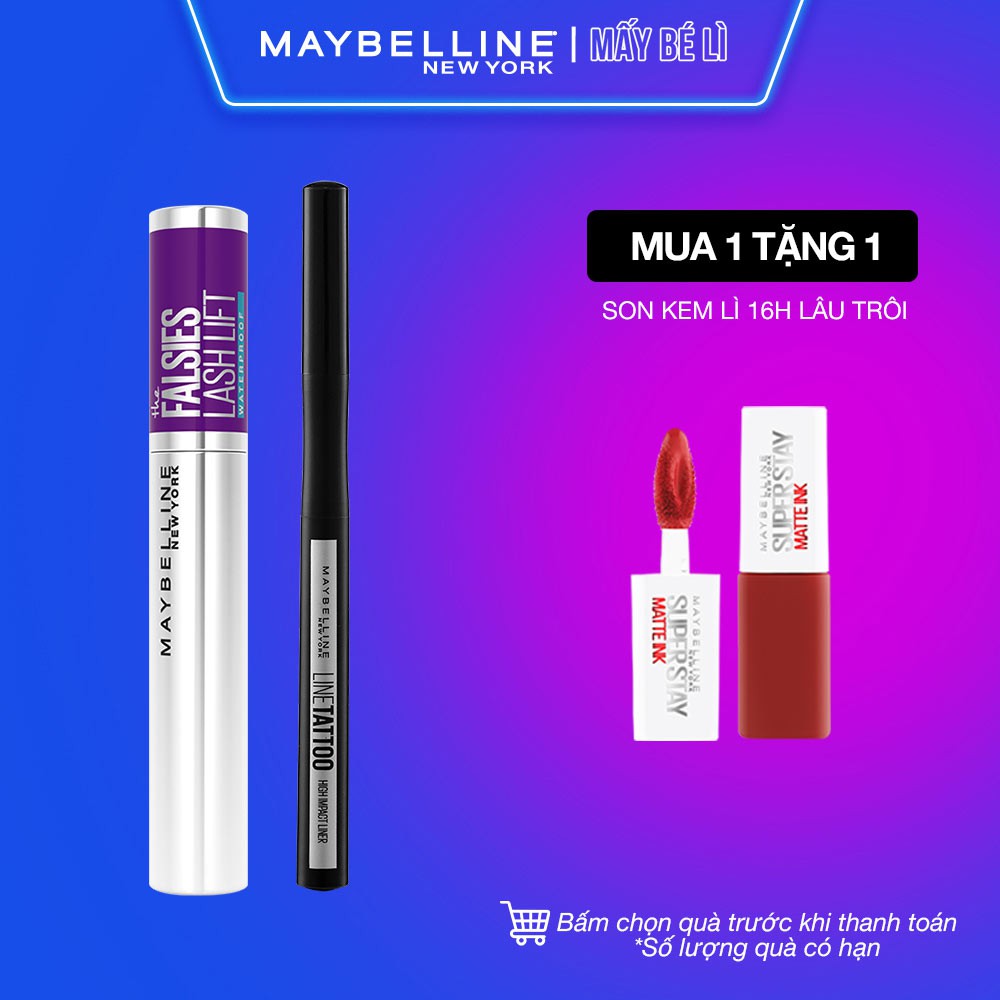 Bộ đôi bút kẻ mắt nước Lâu Trôi 36H Line Tattoo High Impact + Mascara Uốn, Nâng Mi Falsies Lash Lift Maybelline Newyork