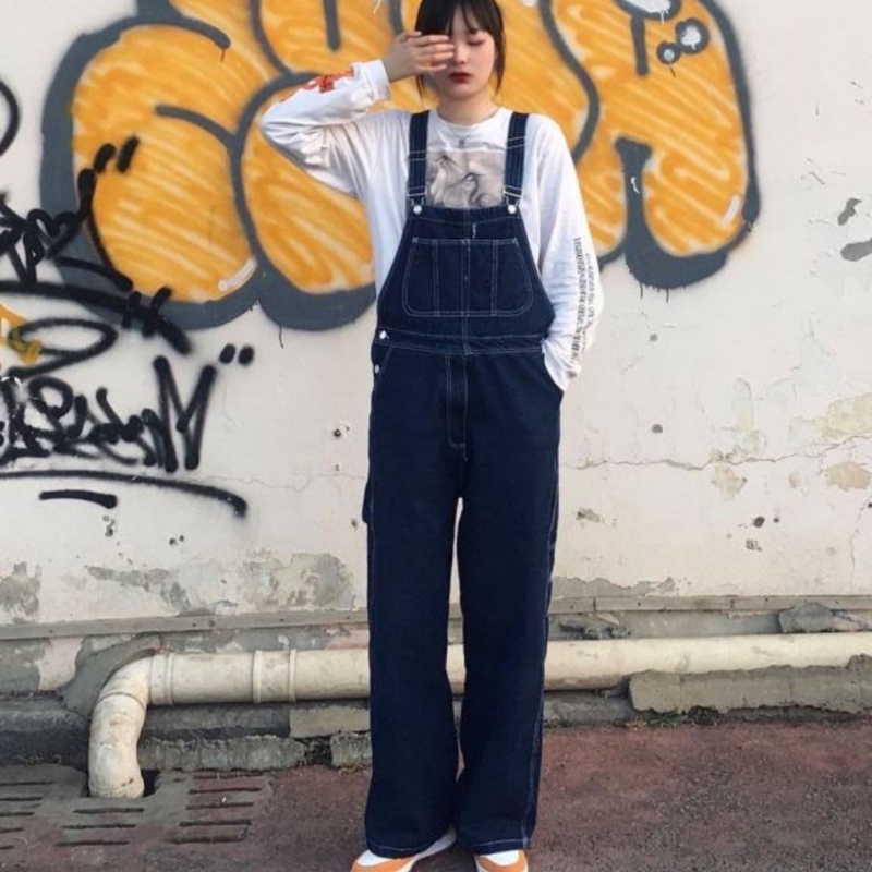 Quần Yếm denim Dáng Rộng Phong Cách retro Mỹ Hàng Mới 2022