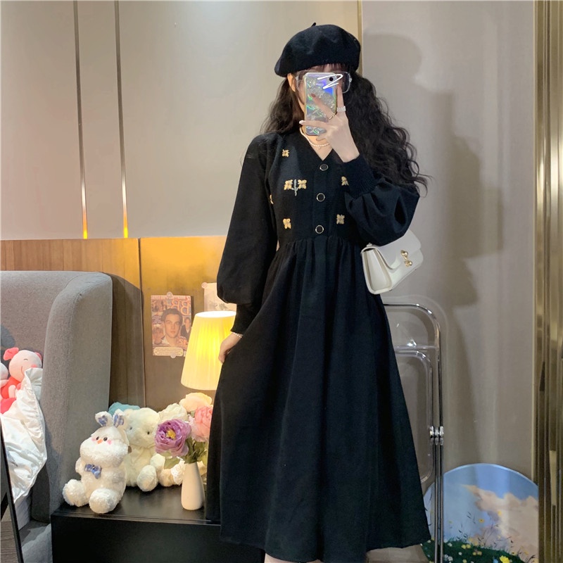 Váy Thu Đông Vải Len Dệt Kim Dáng Xòe Nhẹ Bo Eo Thon Gọn