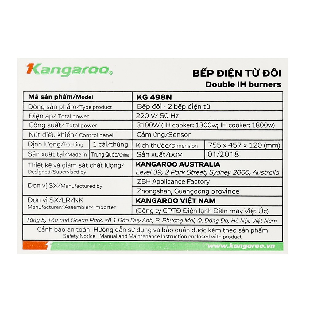 Bếp từ đôi Kangaroo KG498N