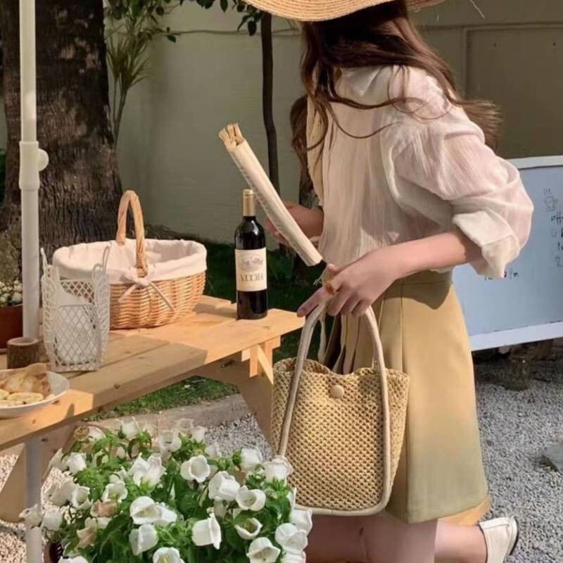 [SẴN] Túi cói đi biển kèm túi da nhỏ bên trong_có nút bấm và dây đeo