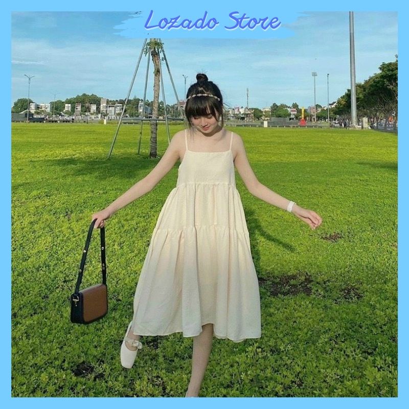 Váy suông nữ LOZADO đầm hai dây nữ thiết kế kiểu dáng babydoll chất đũi lụa mềm mát cao cấp - V100