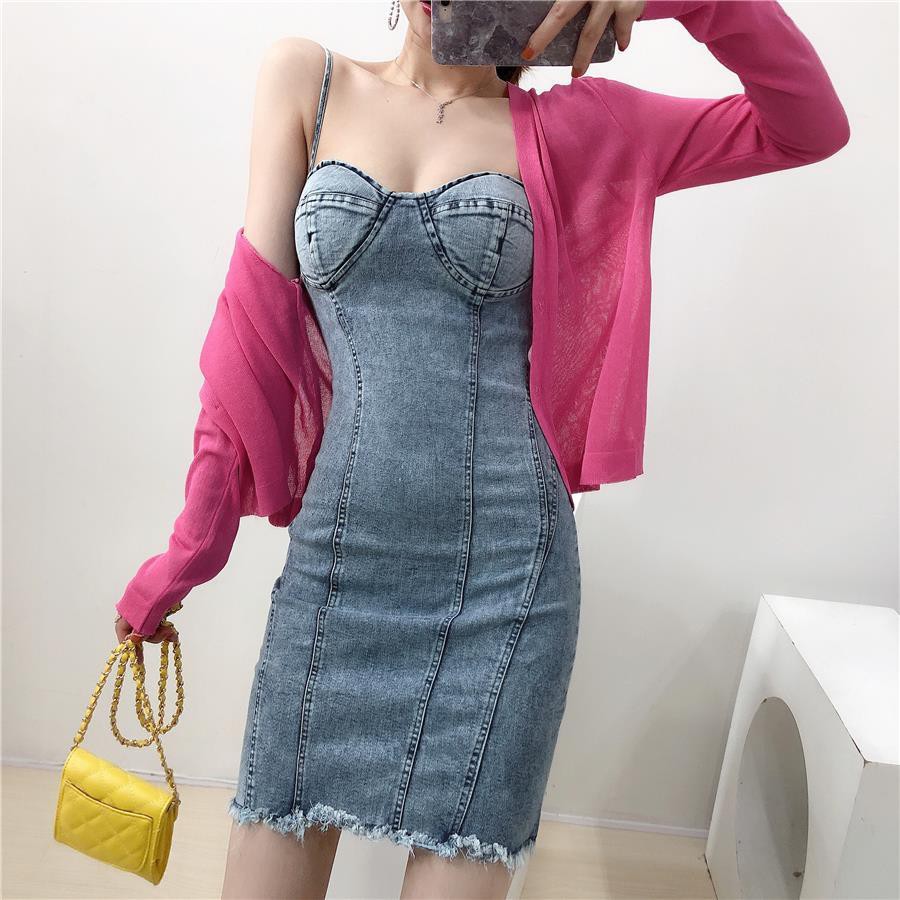 Set Đầm Yếm Denim Và Áo Thun Tay Dài Thời Trang Hàn Quốc 2020 Cho Nữ