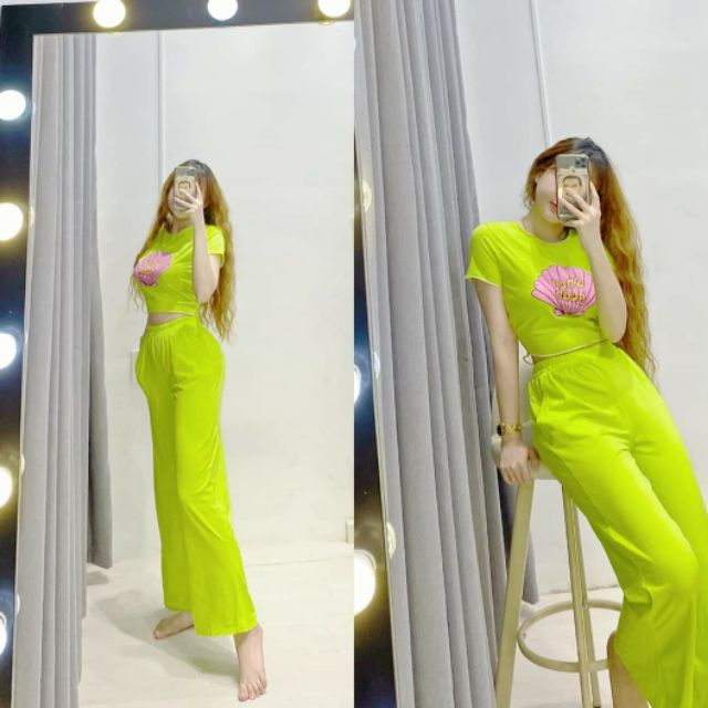 Set áo croptop phối quần ống rộng hình thật