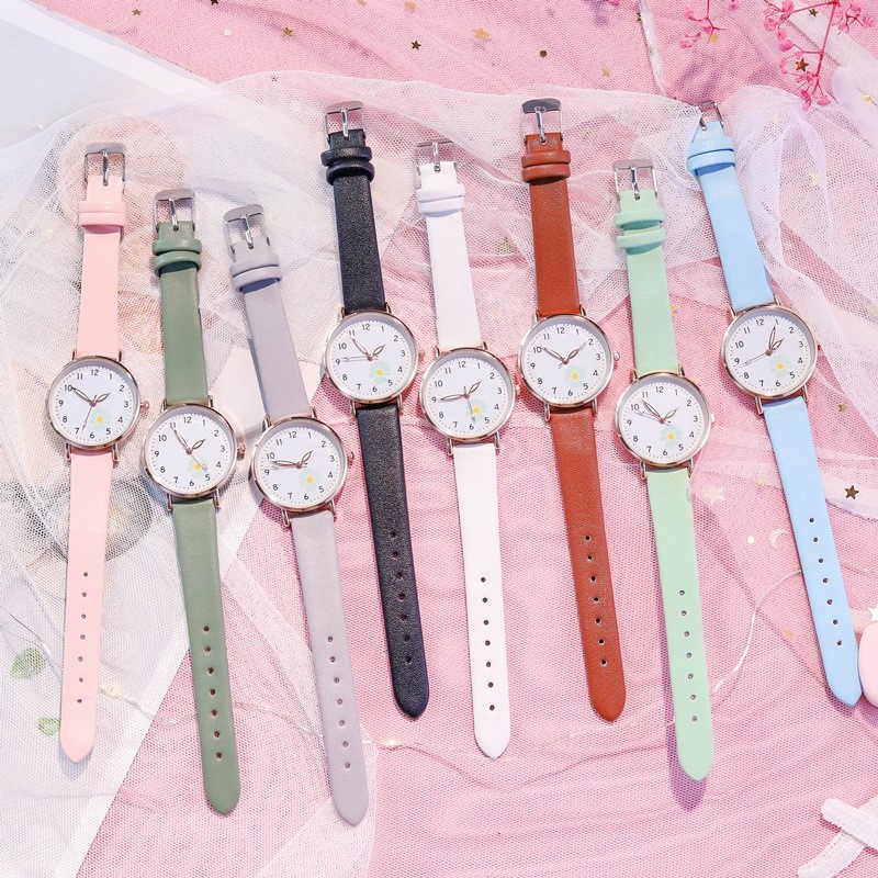 [Women Fashion Simple Style Luminous little Daisy Watches] [Ladies PU Leather  Belt Quartz Watch] [Girls Minimalist Casual Watch]