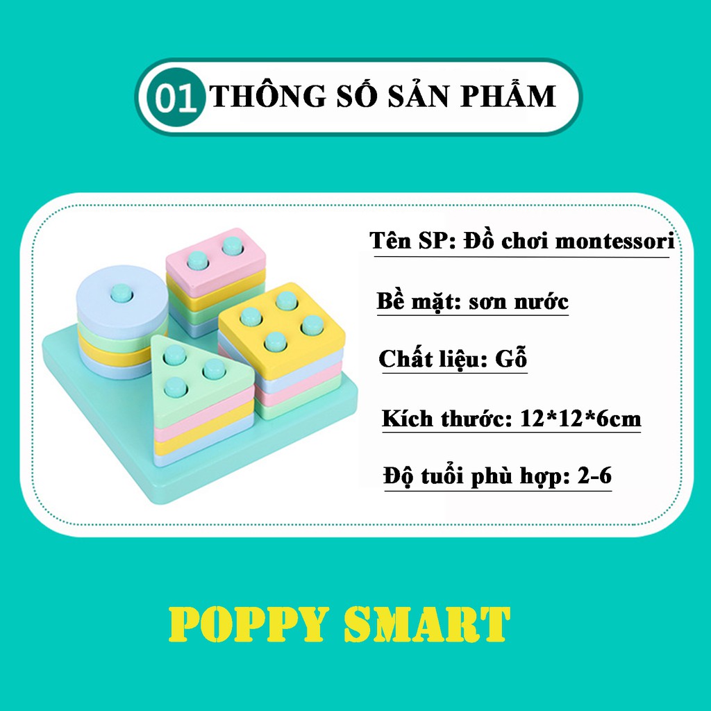 Đồ chơi Montessori - Bộ thả hình 4 cọc bằng gỗ giúp rèn luyện các kỹ năng cơ bản