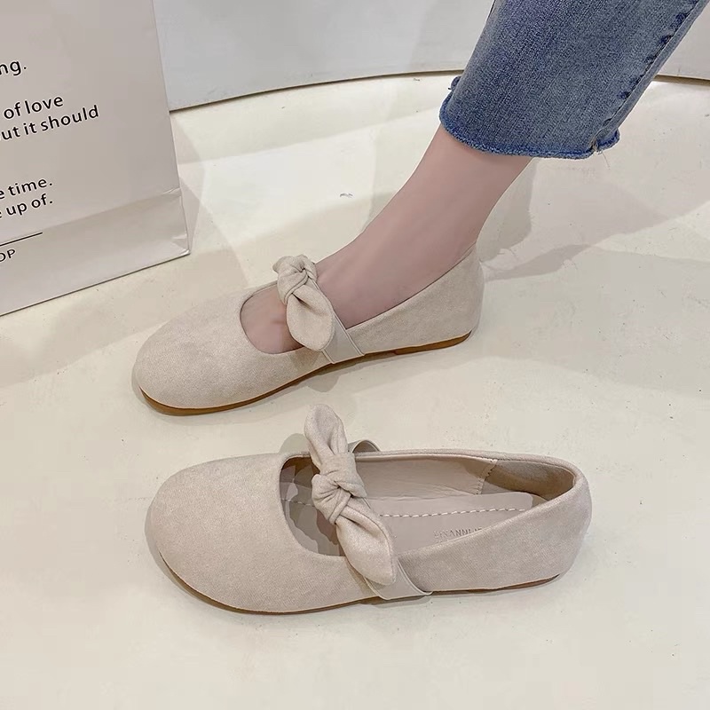 𝖙𝖍𝖊 𝖇𝖑𝖚𝖊 - CÓ SẴN Giày búp bê quai nơ da lộn phong cách nữ sinh Hàn Quốc