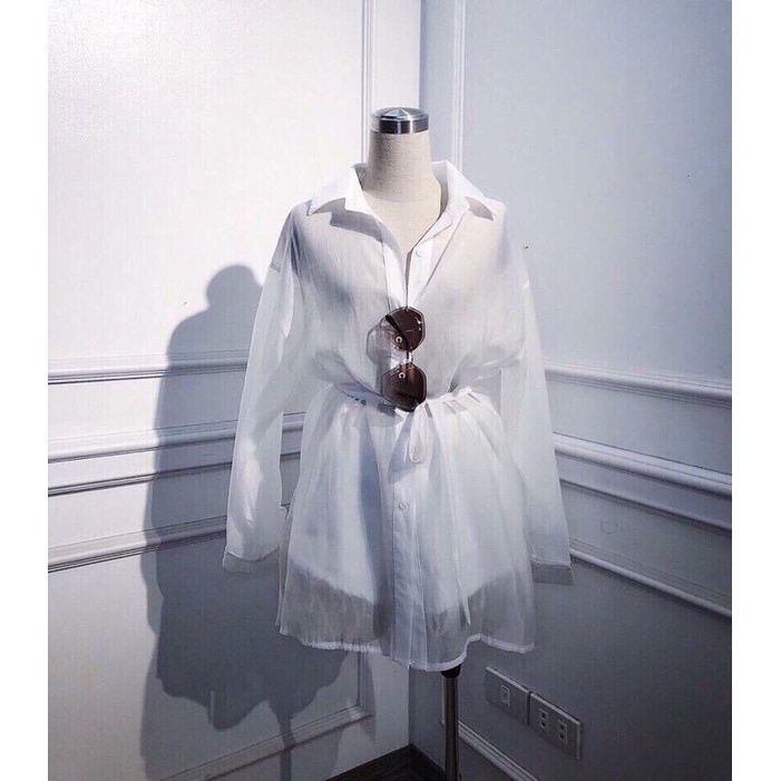 Set áo sơmi voan dáng dài kết hợp quần kaki trắng trơn có ảnh thật