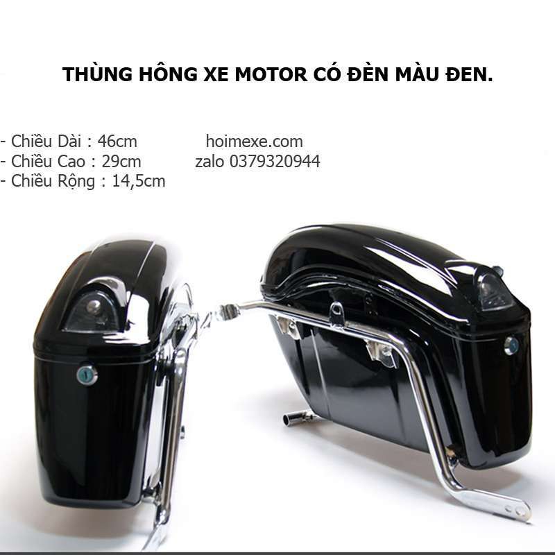 Cặp thùng hông xe máy màu đen có đèn, tặng kèm bộ khung inox