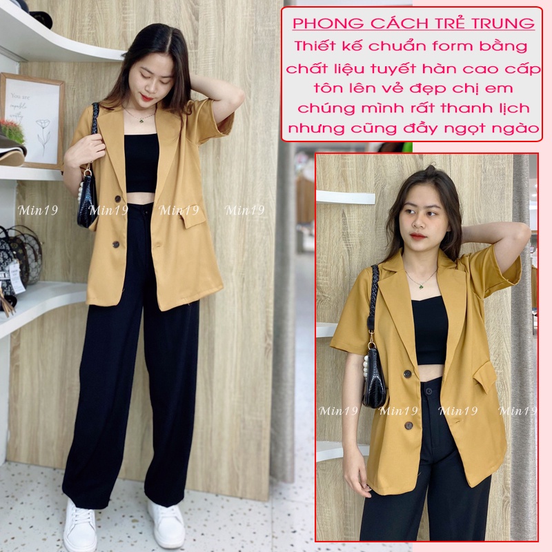 Áo Vest Nữ Blazer Công Sở Hàn Quốc 1 Lớp Tay Ngắn Form Rộng Túi Nắp Cá Tính Màu Trắng Đen Xanh Nâu