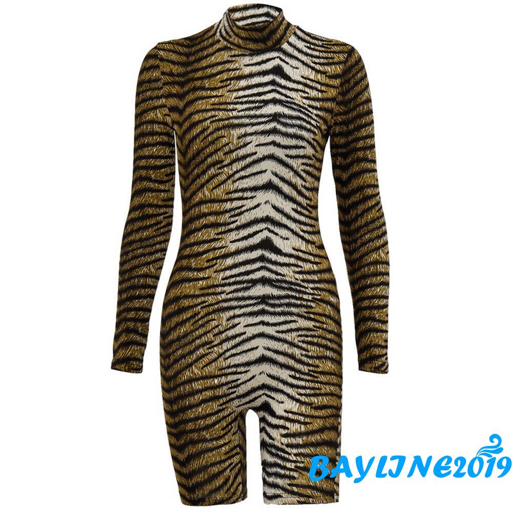 Áo Liền Quần Dài Tay Cổ Lọ Họa Tiết Da Báo Cá Tính Cho Nữ