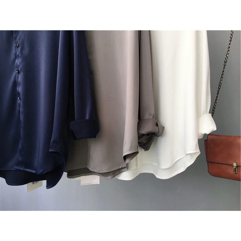 Áo sơ mi lụa nữ trơn satin kiểu công sở Hàn Quốc dài tay thụng bigsize Quảng Châu cao cấp M-2