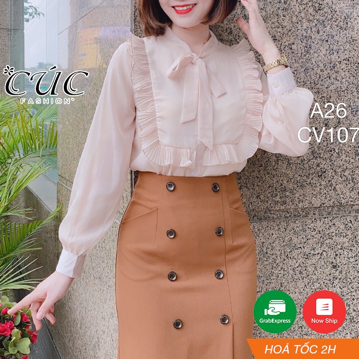 Áo sơ mi nữ công sở cao cấp thời trang thiết kế Cúc Fashion A26 somi cổ bèo dập vuông